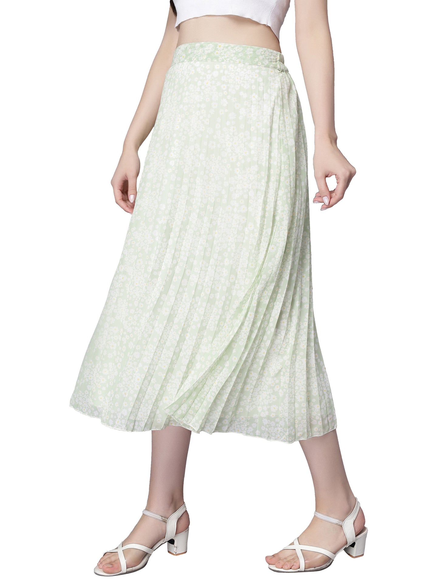 Women's Ditsy Floral Print High Waist Skirt Pleated A-line Long Skirt Beach Elasticated Mint Green Midi Skirt