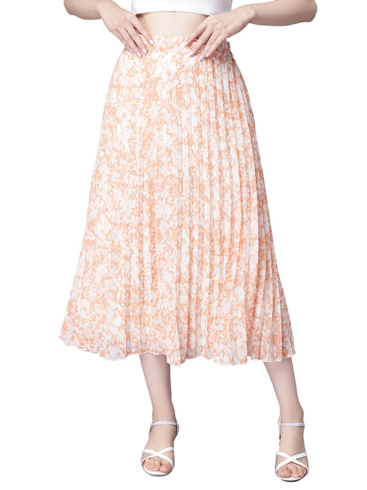 Women's Ditsy Floral Print High Waist Skirt Pleated A-line Long Skirt Beach Elasticated Orange Midi Skirt