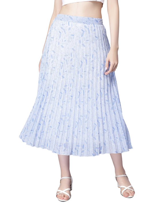 Women's Ditsy Floral Print High Waist Skirt Pleated A-line Long Skirt Beach Elasticated Sky Blue Midi Skirt