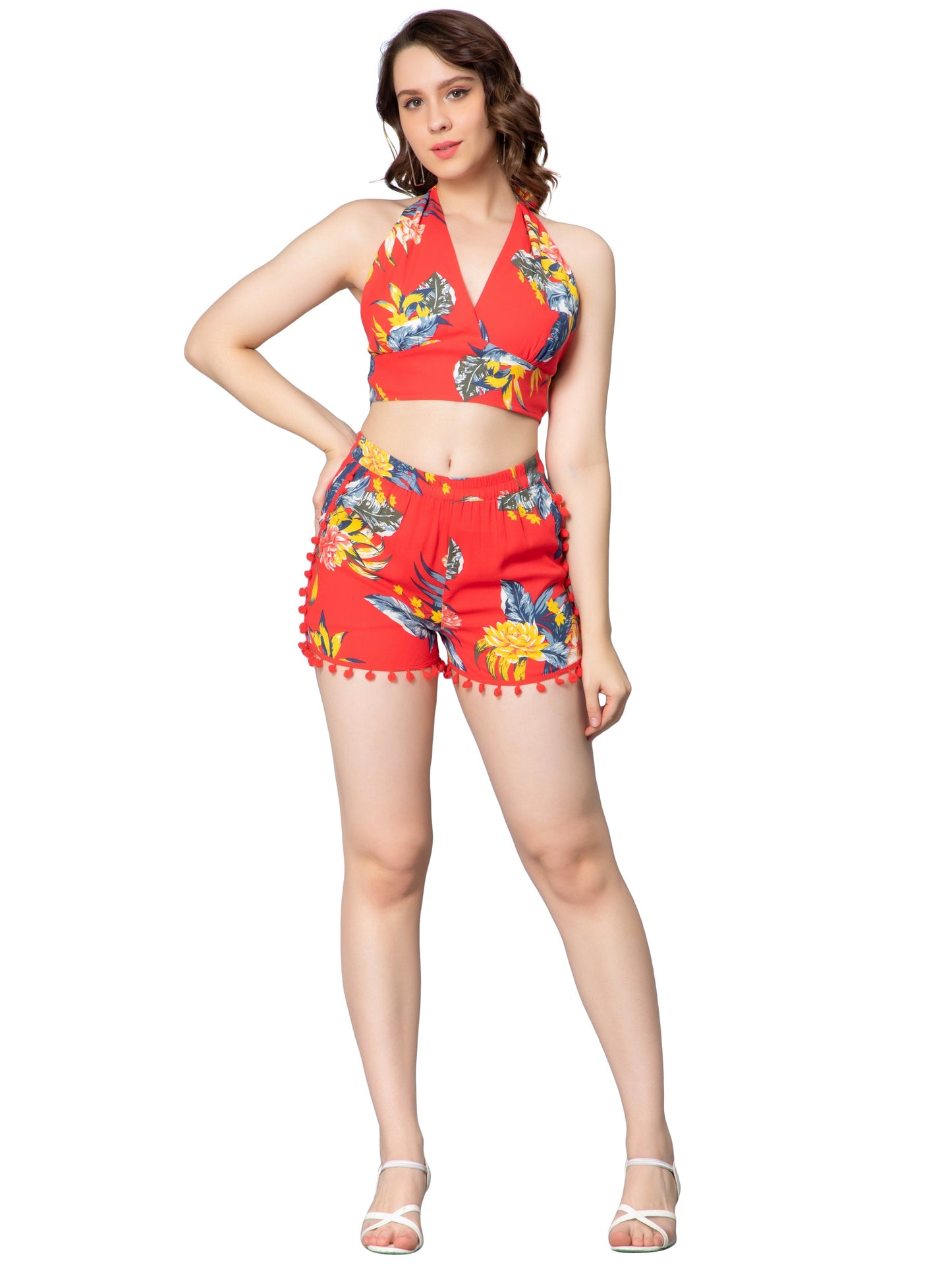 NUEVOSDAMAS Women Tropical Printed Co-Ord Set Red