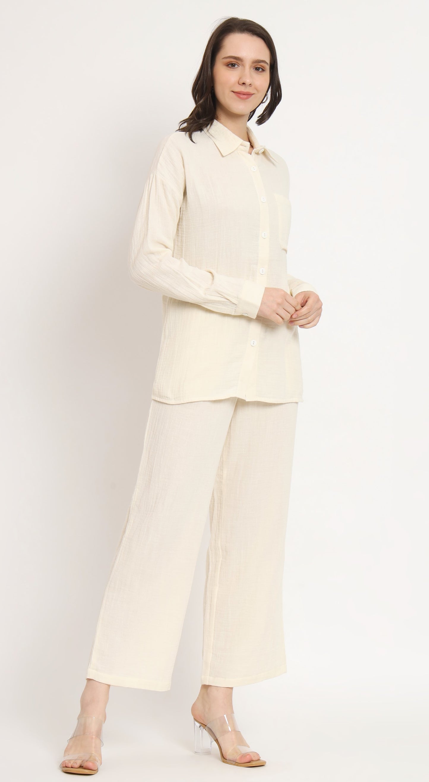 NUEVOSDAMAS Women Pure Cotton Muslin Solid Beige Shirt & Trousers Co-ord Set