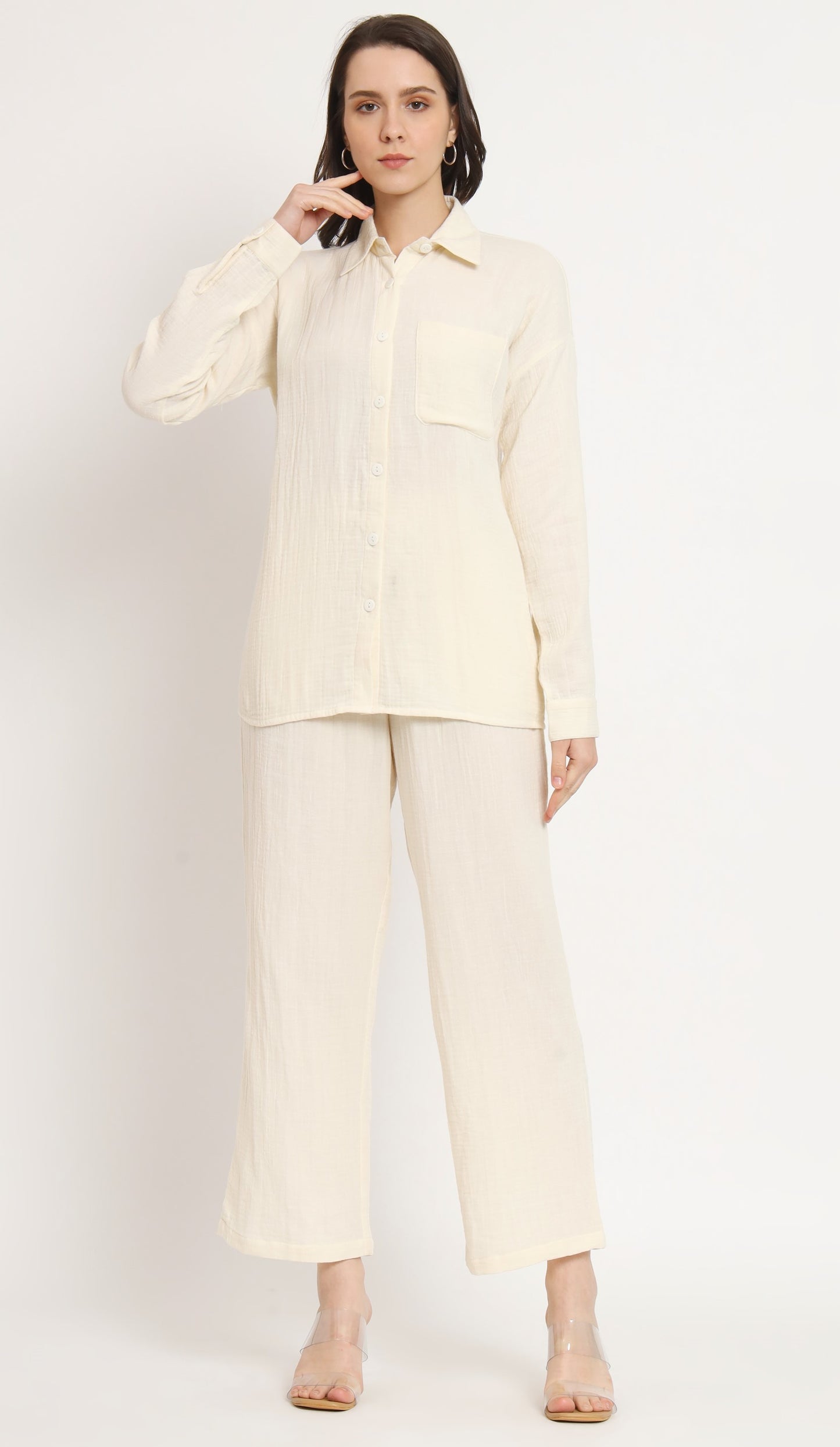 NUEVOSDAMAS Women Pure Cotton Muslin Solid Beige Shirt & Trousers Co-ord Set