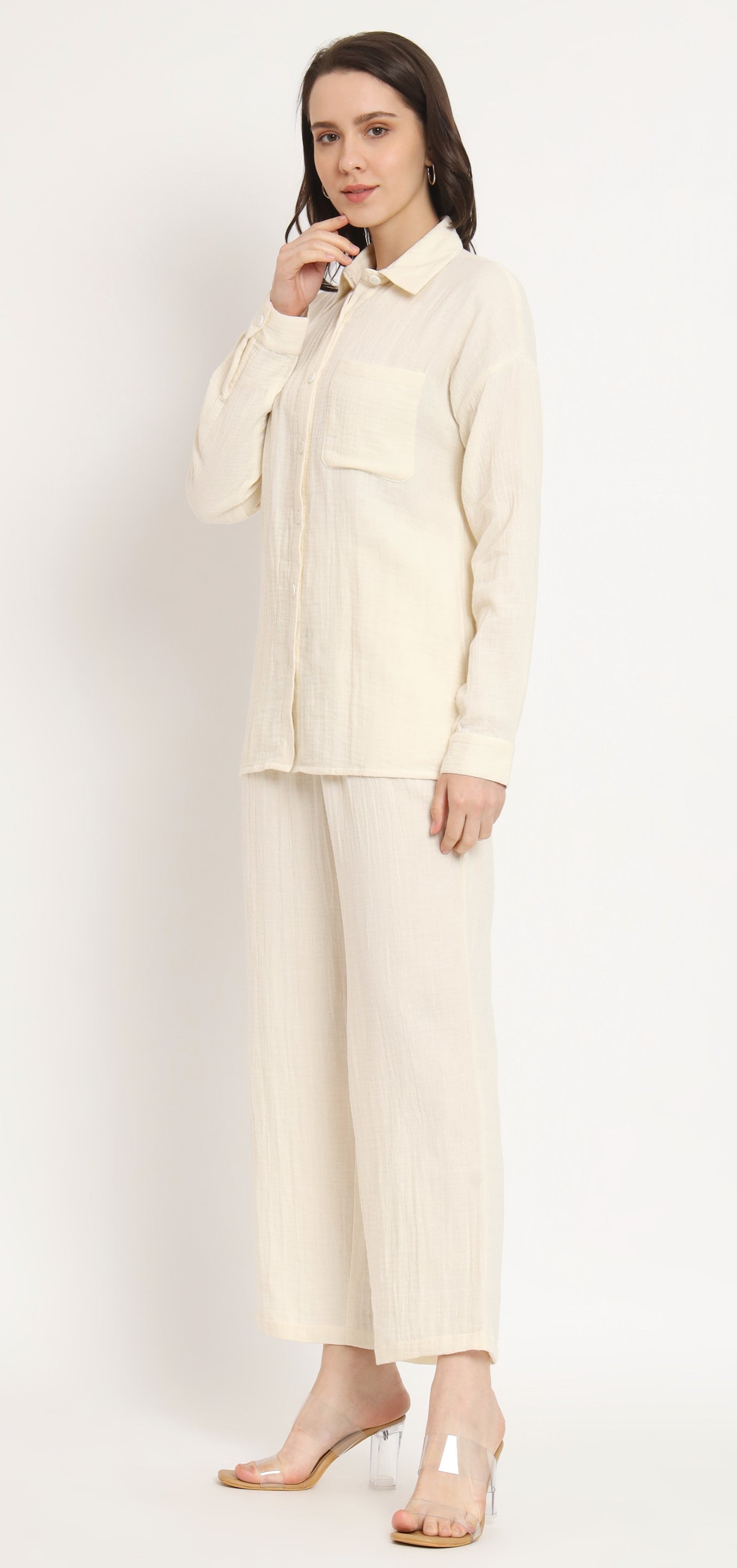 NUEVOSDAMAS Women Pure Cotton Muslin Solid Beige Shirt & Trousers Co-ord Set