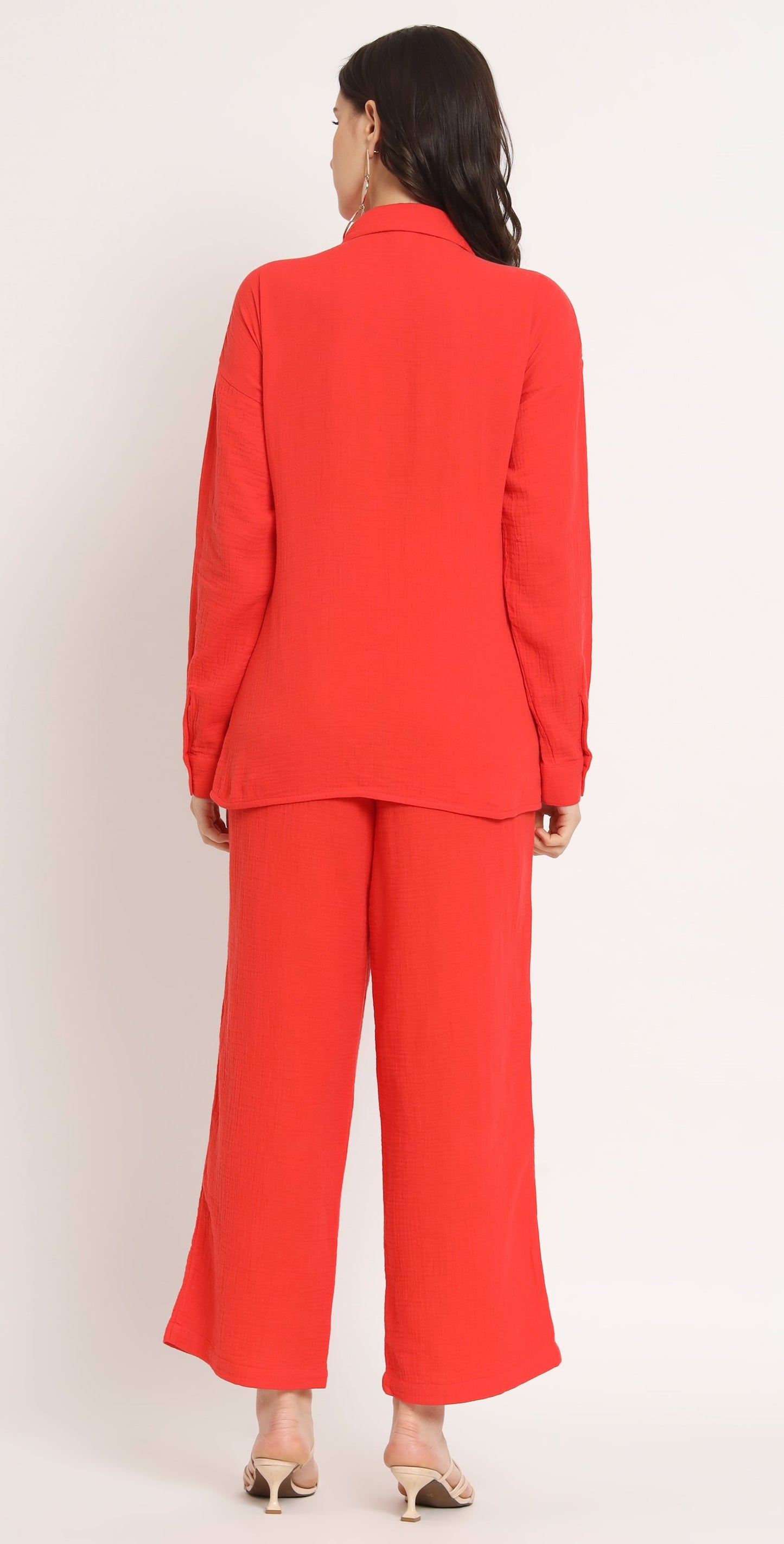 NUEVOSDAMAS Women Pure Cotton Muslin Solid Red Shirt & Trousers co-ord Set