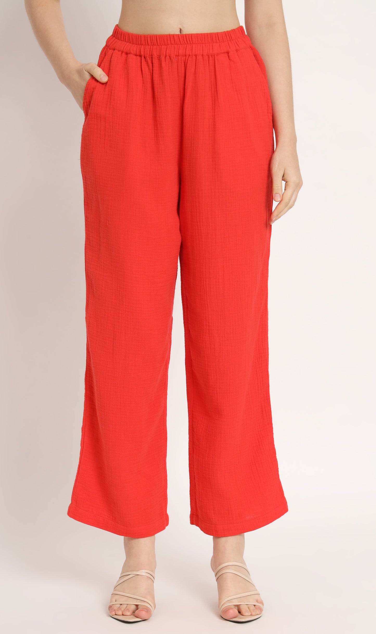 NUEVOSDAMAS Women Pure Cotton Muslin Solid Red Shirt & Trousers co-ord Set