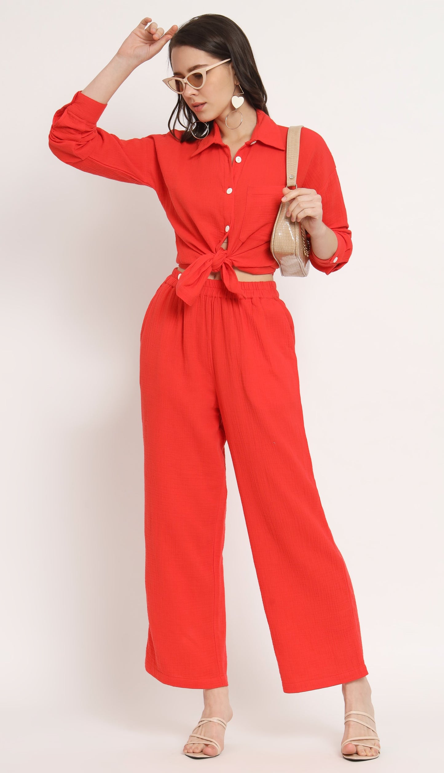 NUEVOSDAMAS Women Pure Cotton Muslin Solid Red Shirt & Trousers co-ord Set