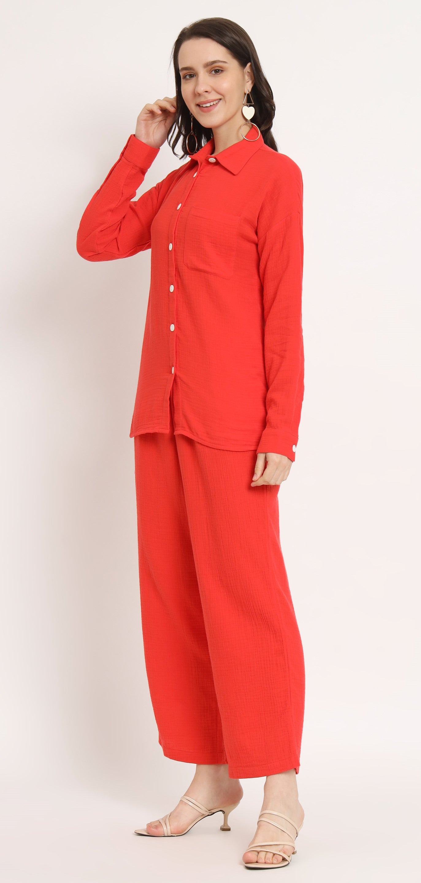 NUEVOSDAMAS Women Pure Cotton Muslin Solid Red Shirt & Trousers co-ord Set