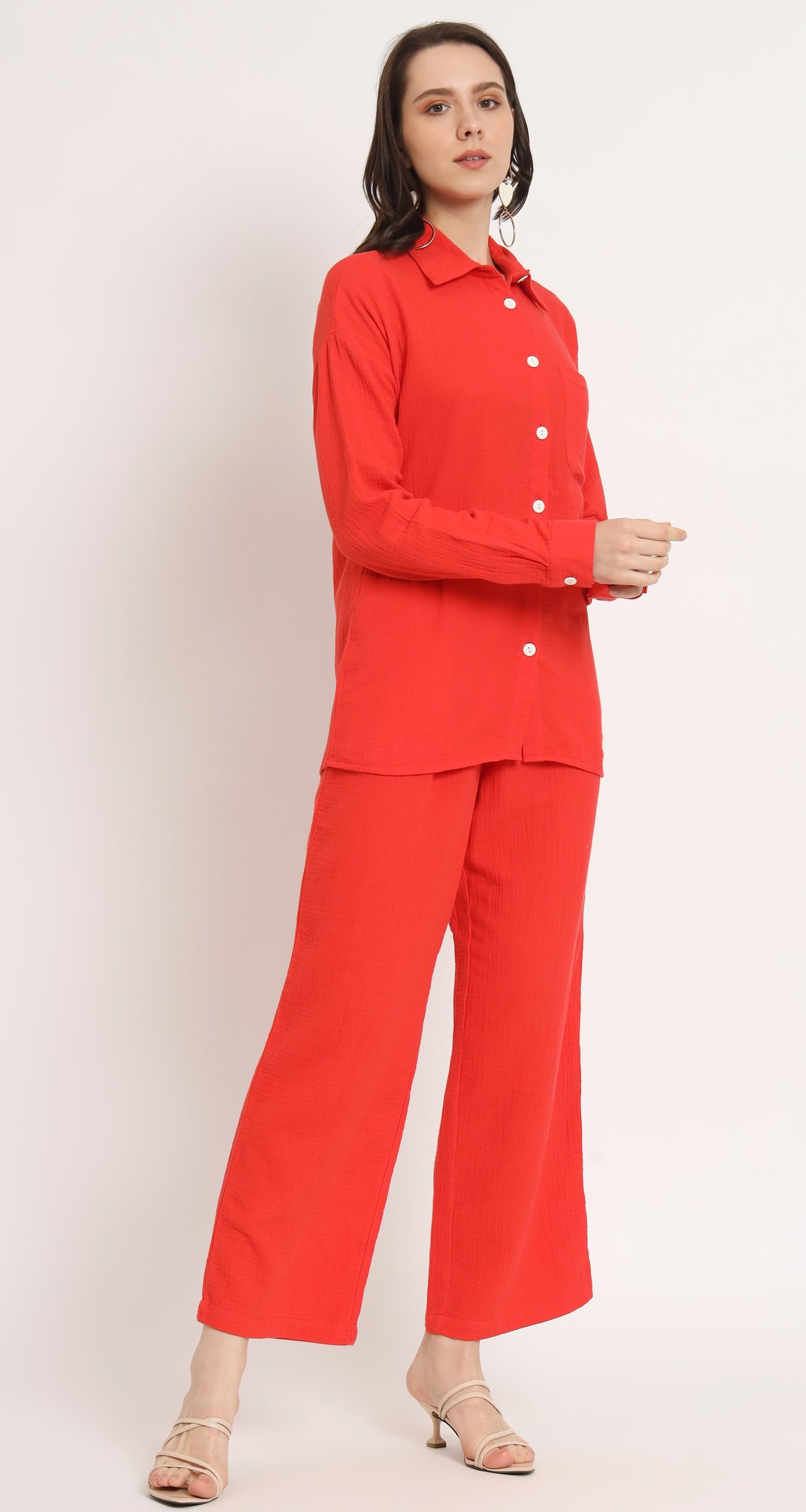 NUEVOSDAMAS Women Pure Cotton Muslin Solid Red Shirt & Trousers co-ord Set