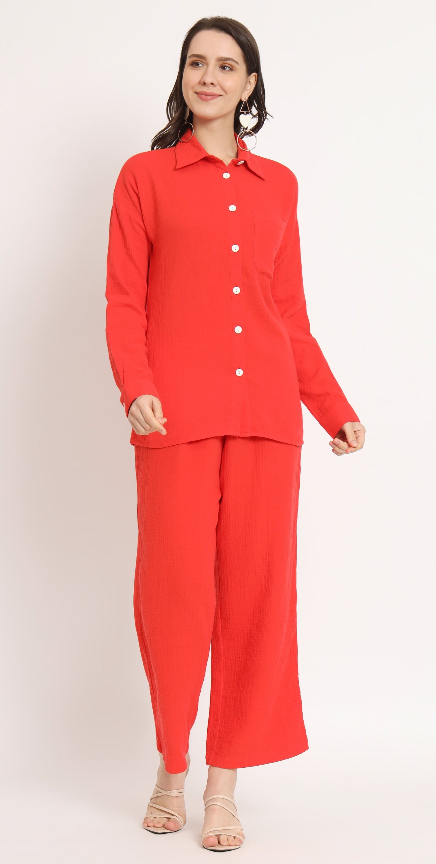 NUEVOSDAMAS Women Pure Cotton Muslin Solid Red Shirt & Trousers co-ord Set