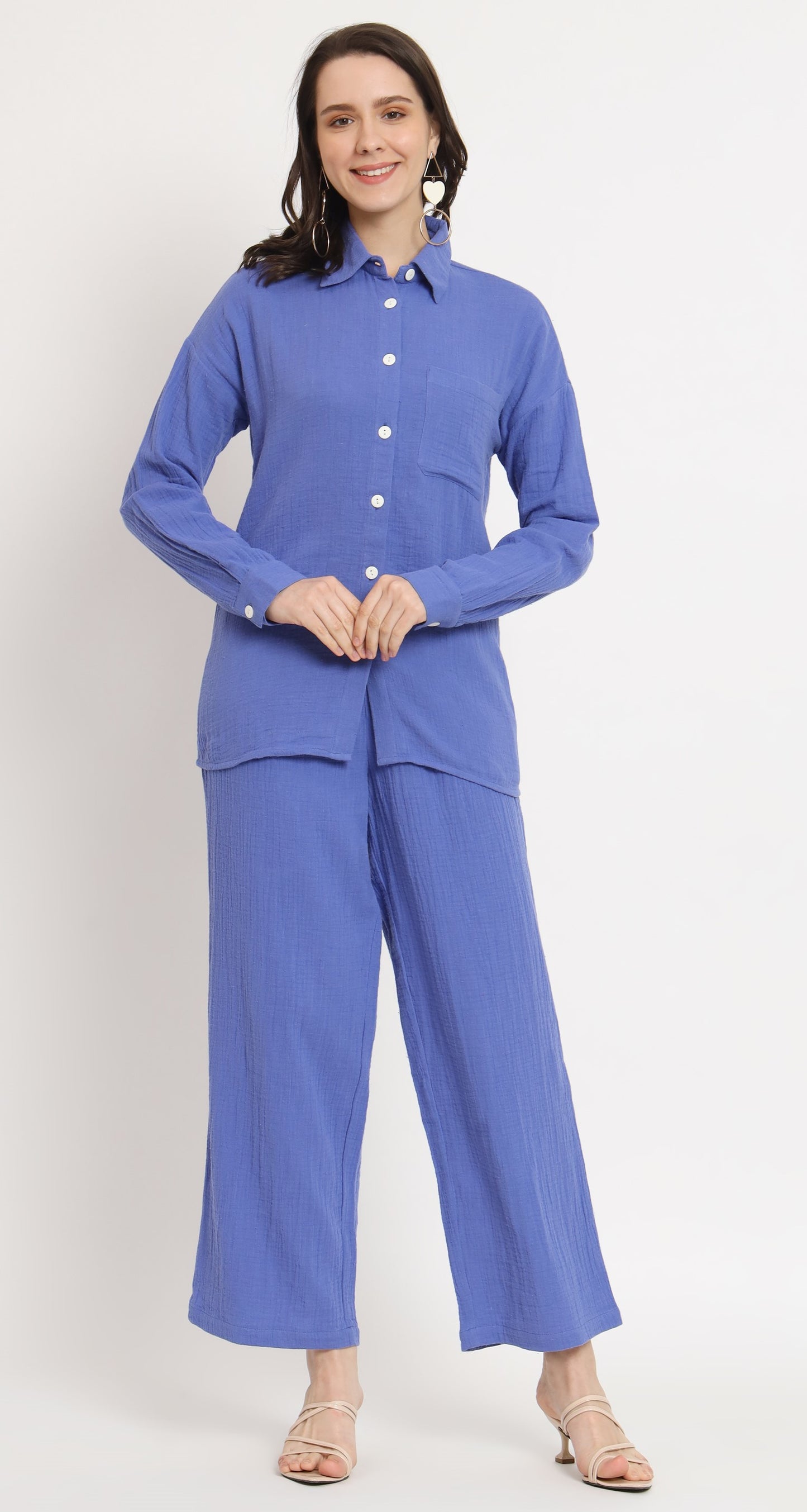 NUEVOSDAMAS Women Pure Cotton Muslin Solid Violet Blue Shirt & Trousers co-ord Set