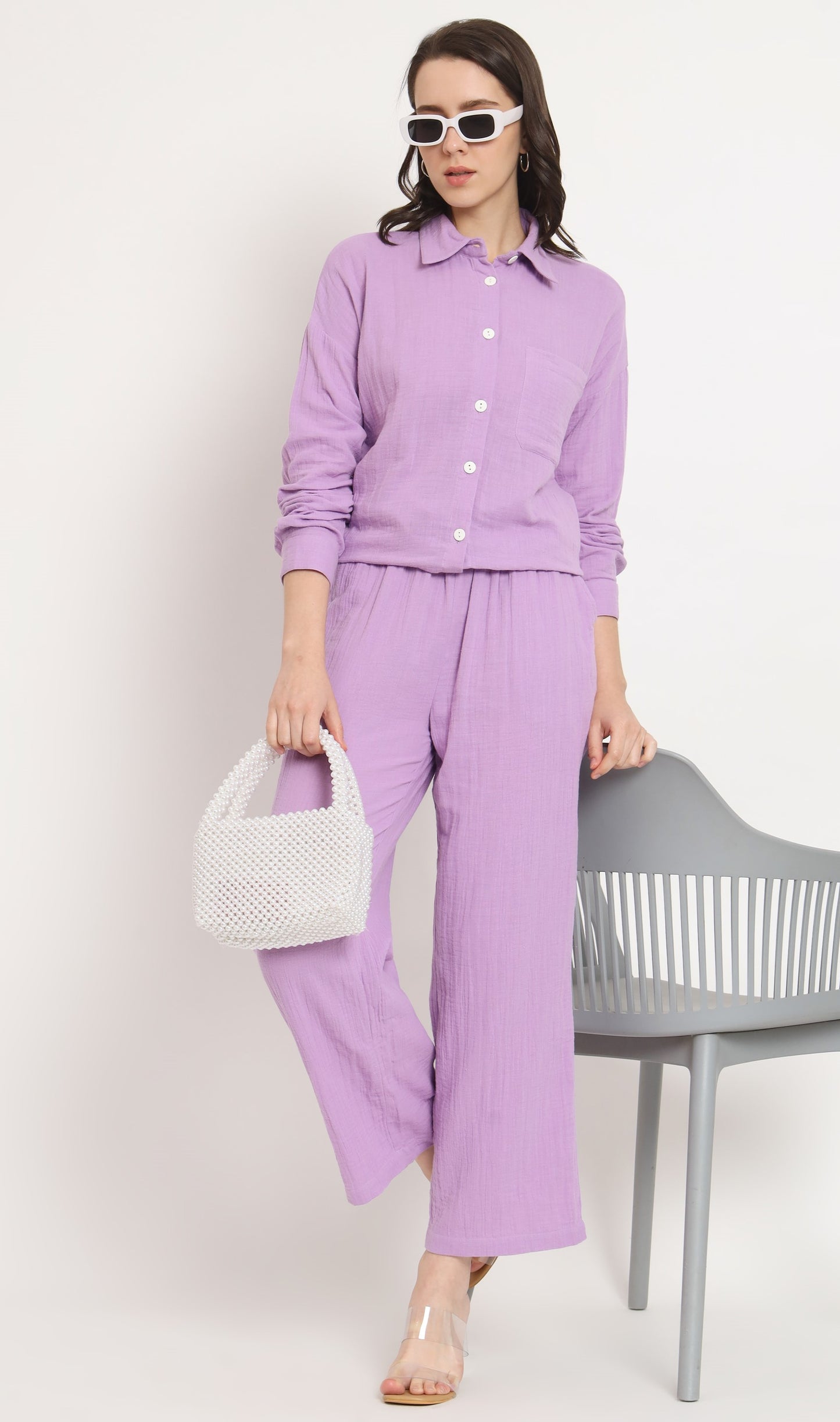 NUEVOSDAMAS Women Pure Cotton Muslin Solid Lavender Shirt & Trousers co-ord Set