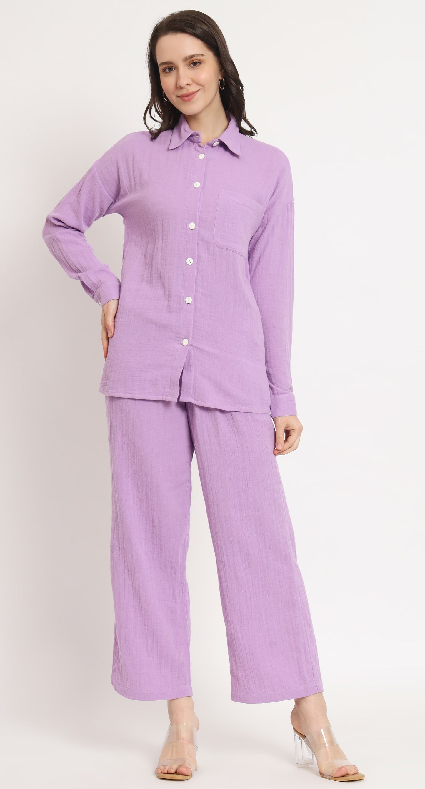 NUEVOSDAMAS Women Pure Cotton Muslin Solid Lavender Shirt & Trousers co-ord Set