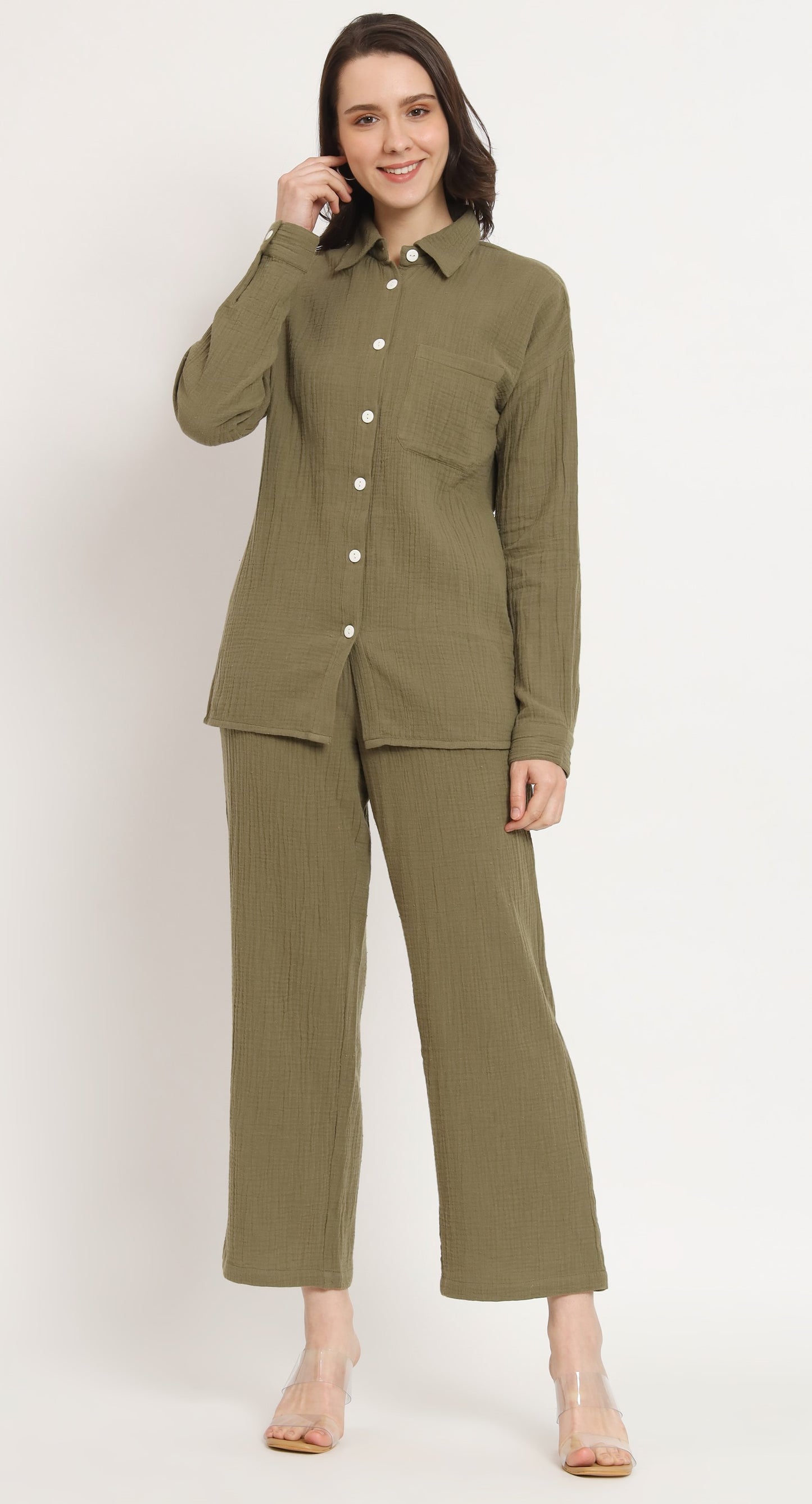 NUEVOSDAMAS Women Pure Cotton Muslin Solid Olive Green Shirt & Trousers co-ord Set