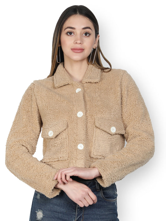 NUEVOSDAMAS WINTER WEAR WOMEN SOLID BEIGE SHERPA/FUR JACKET