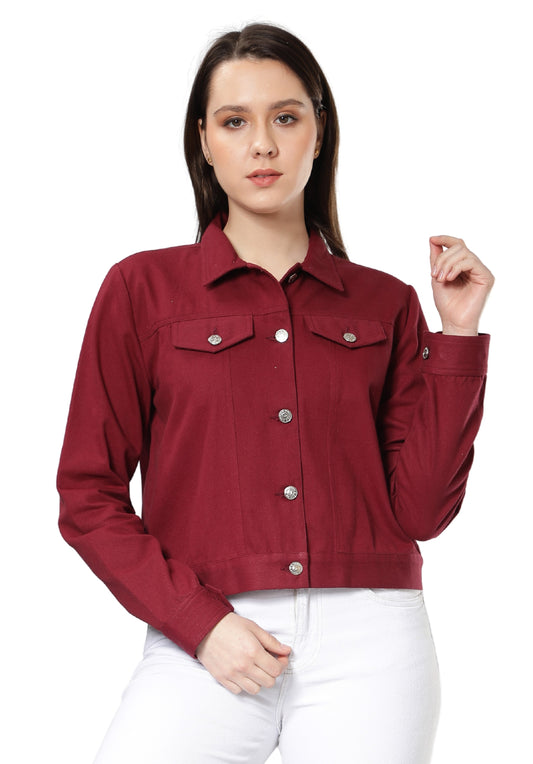 NUEVOSDAMAS Women Solid Maroon Cotton Denim Jacket