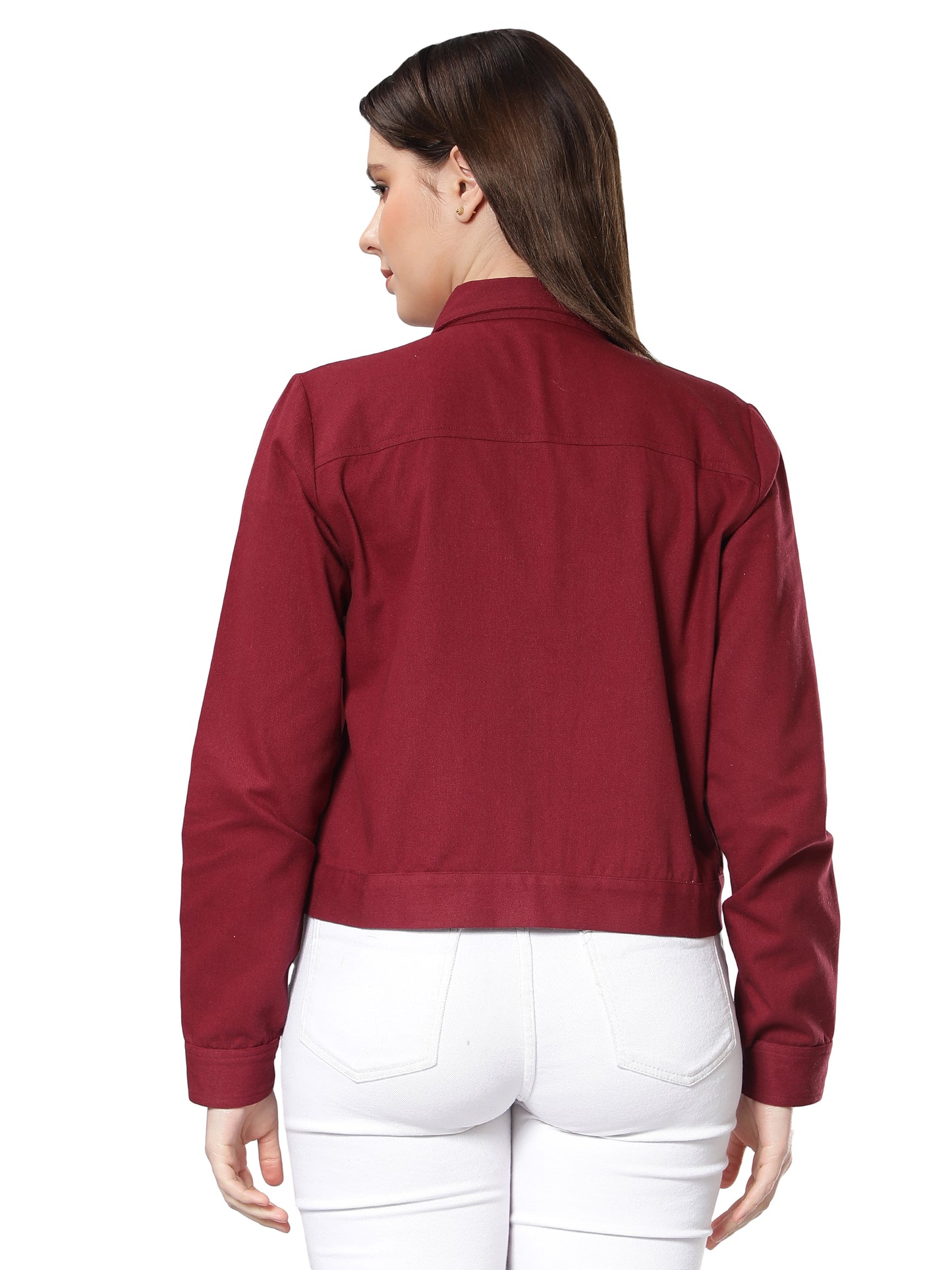 NUEVOSDAMAS Women Solid Maroon Cotton Denim Jacket