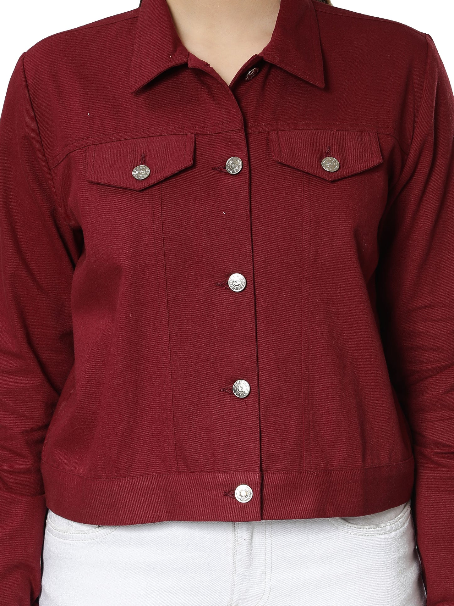 NUEVOSDAMAS Women Solid Maroon Cotton Denim Jacket