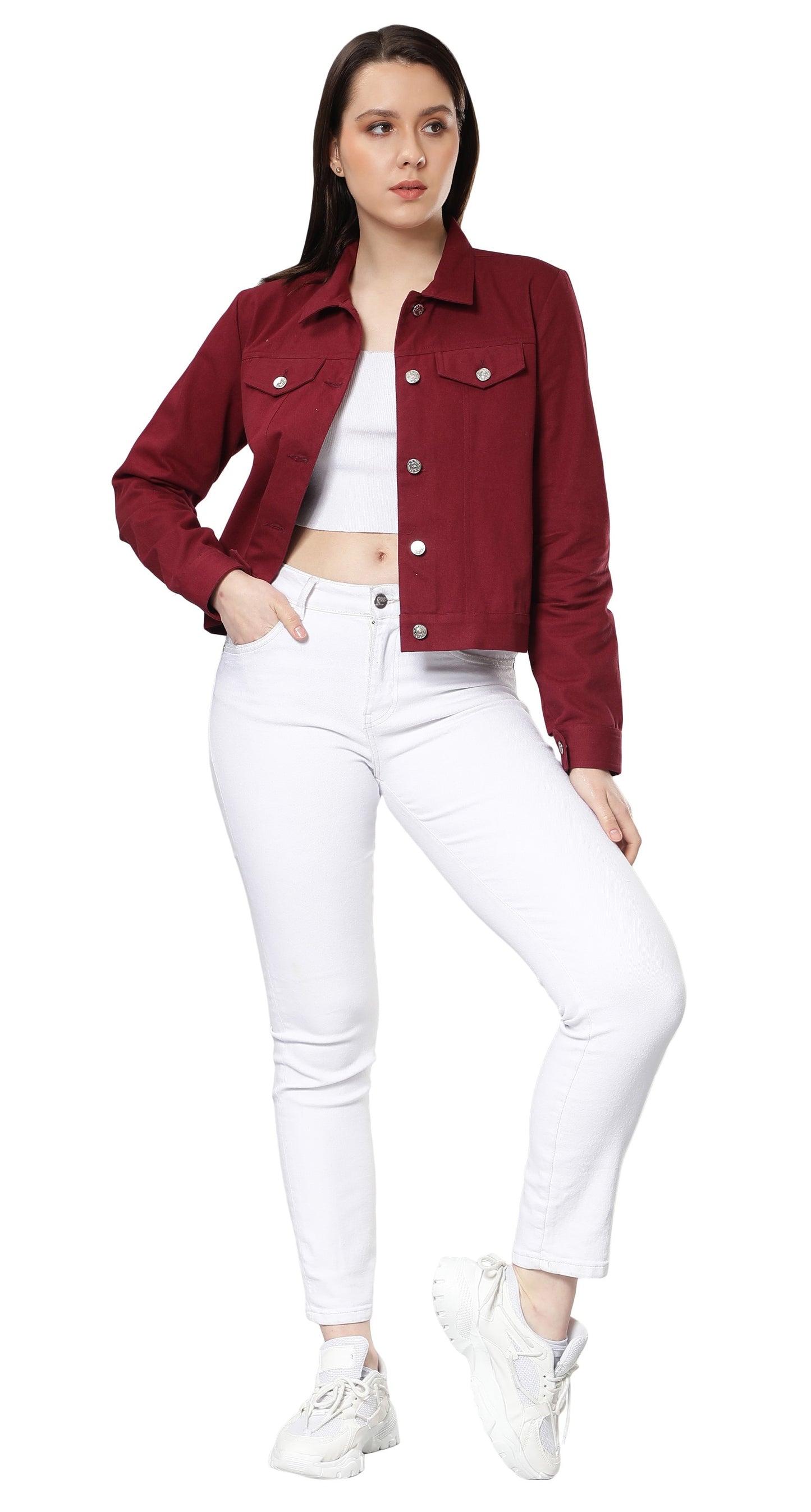 NUEVOSDAMAS Women Solid Maroon Cotton Denim Jacket