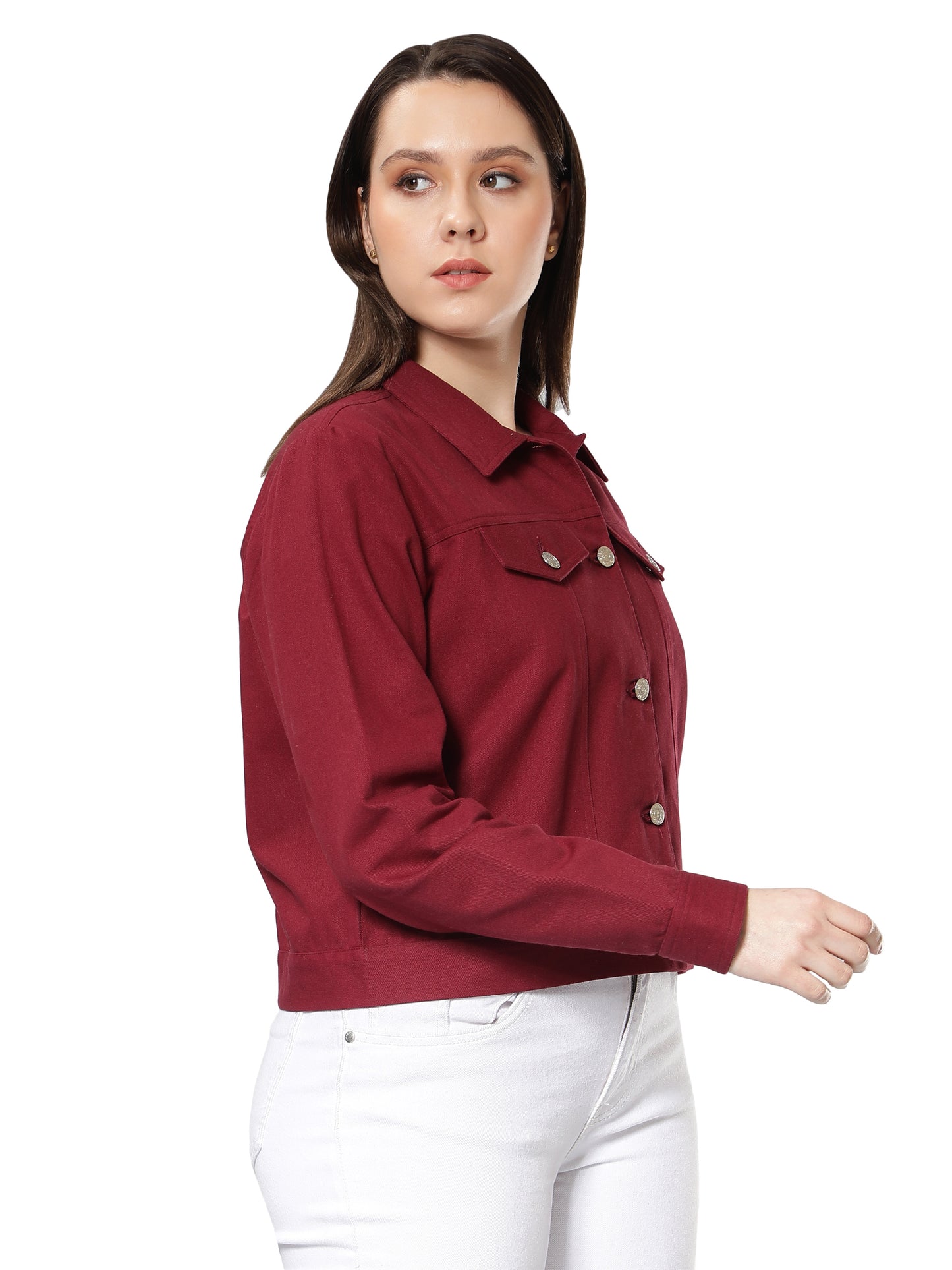 NUEVOSDAMAS Women Solid Maroon Cotton Denim Jacket