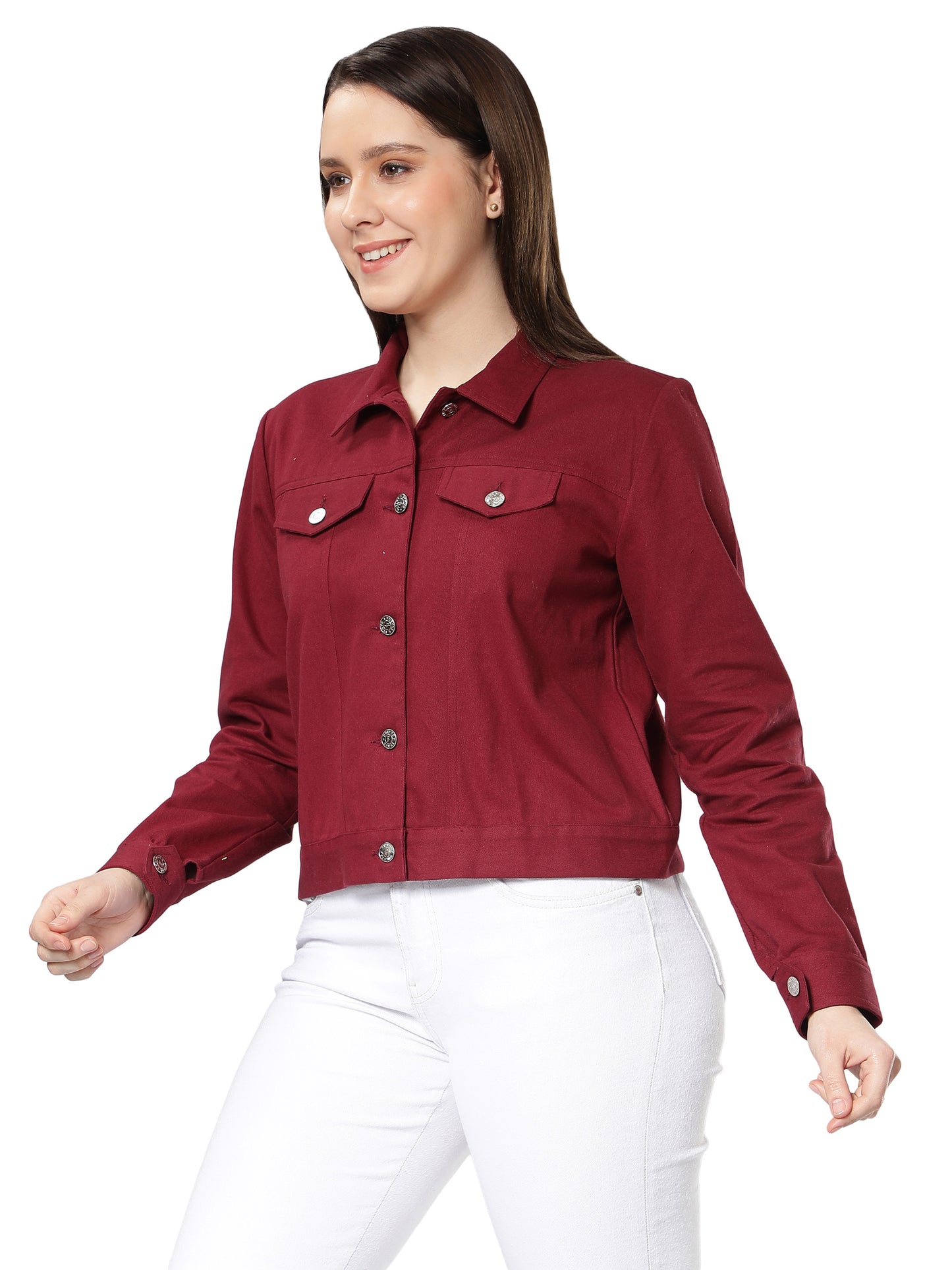 NUEVOSDAMAS Women Solid Maroon Cotton Denim Jacket