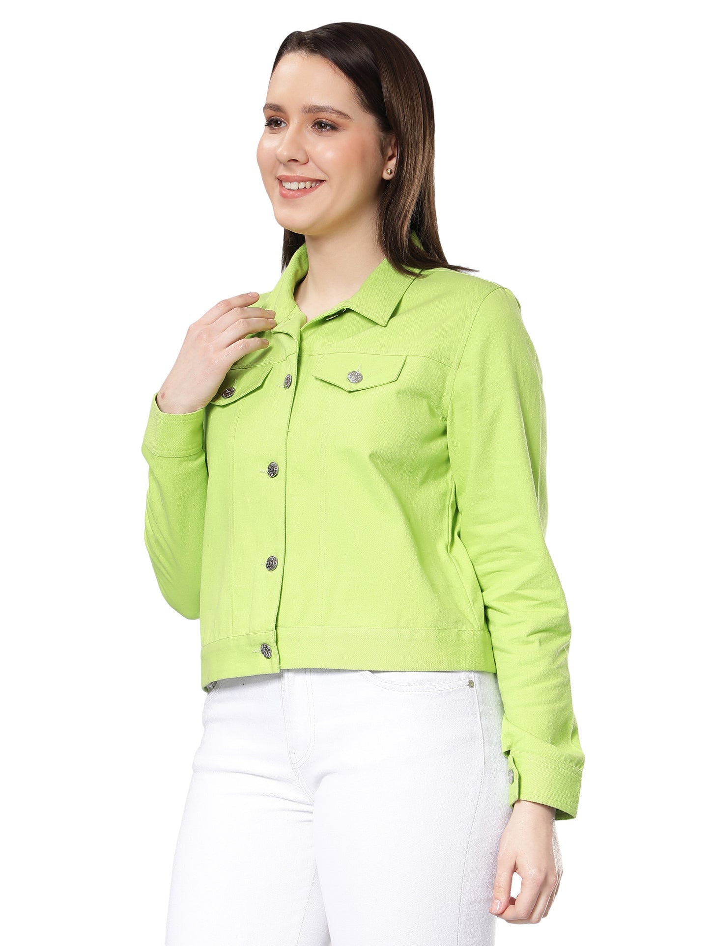 NUEVOSDAMAS Women Solid Lime Cotton Denim Jacket