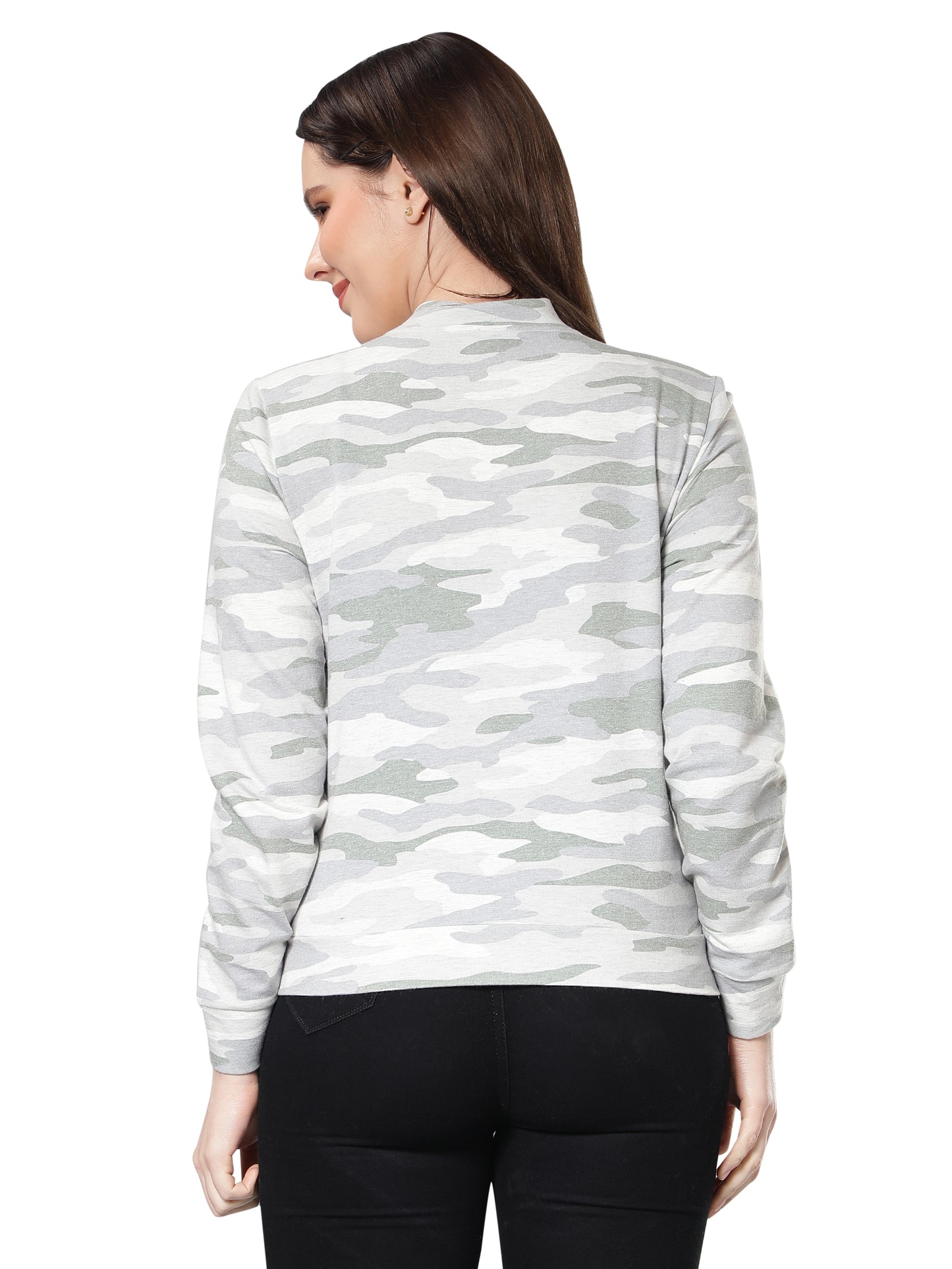 Women Camouflage Printed Grey Jacket