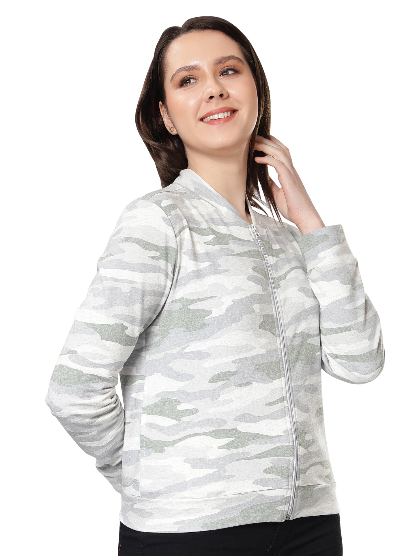 Women Camouflage Printed Grey Jacket