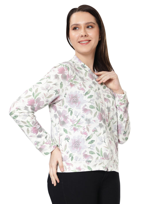 Women Floral Printed Off White Jacket