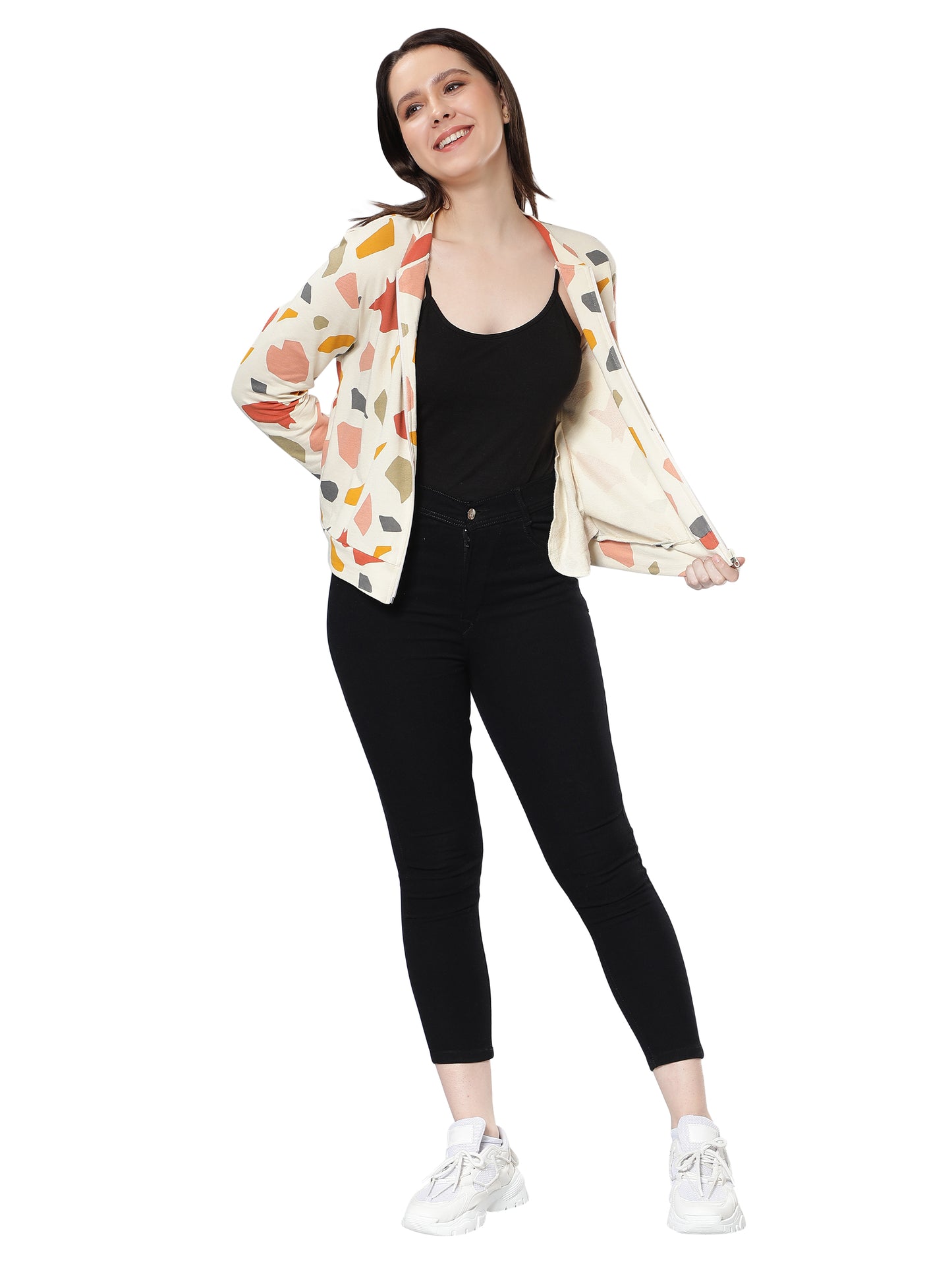 Women Geometric Printed Beige Jacket