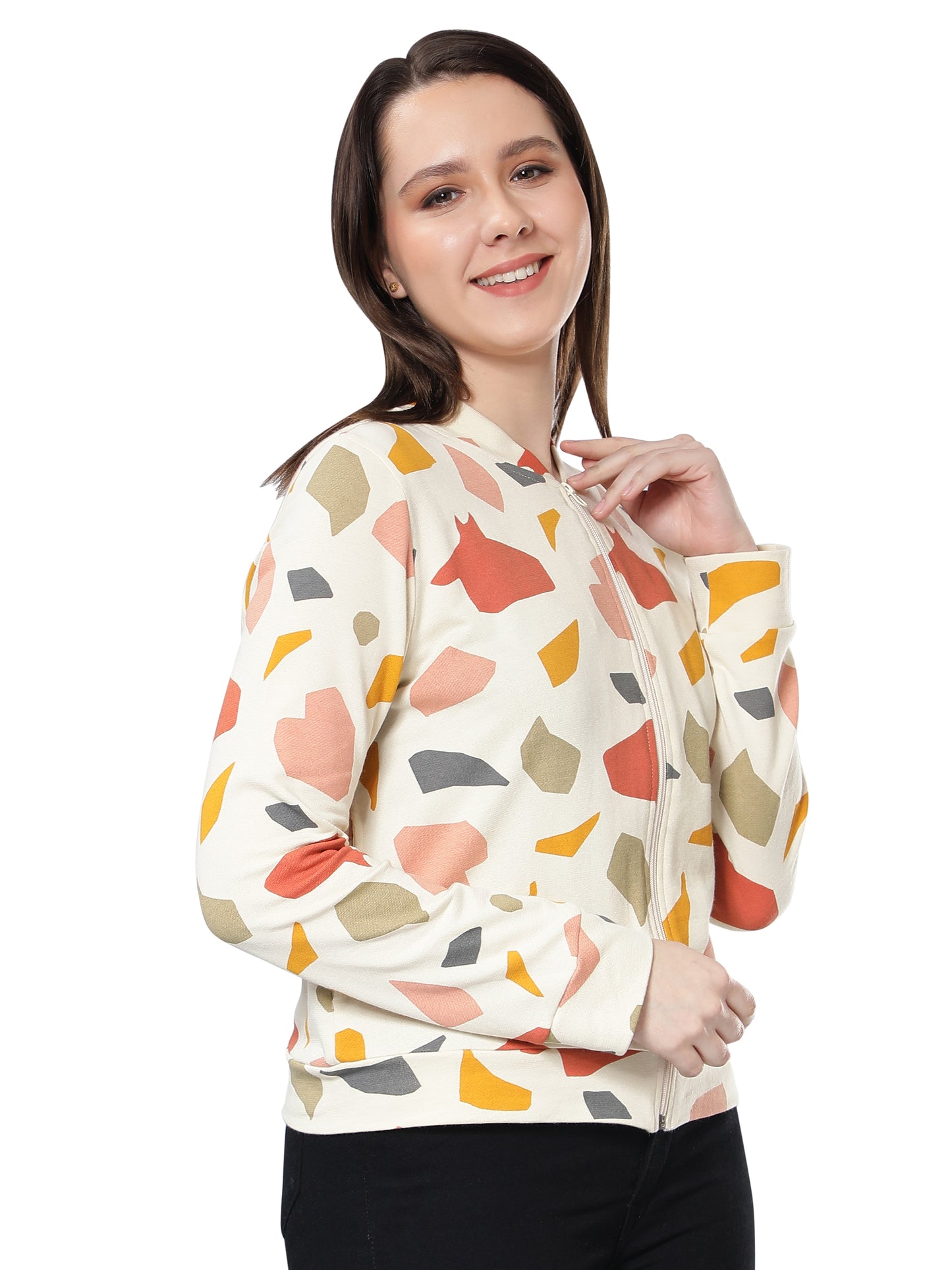 Women Geometric Printed Beige Jacket