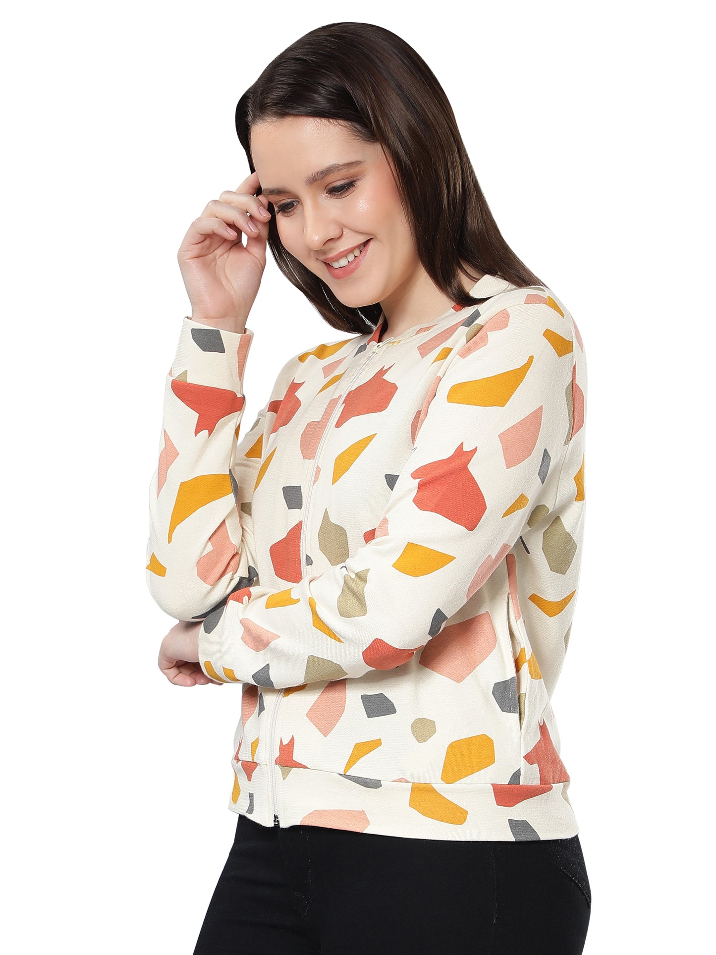 Women Geometric Printed Beige Jacket