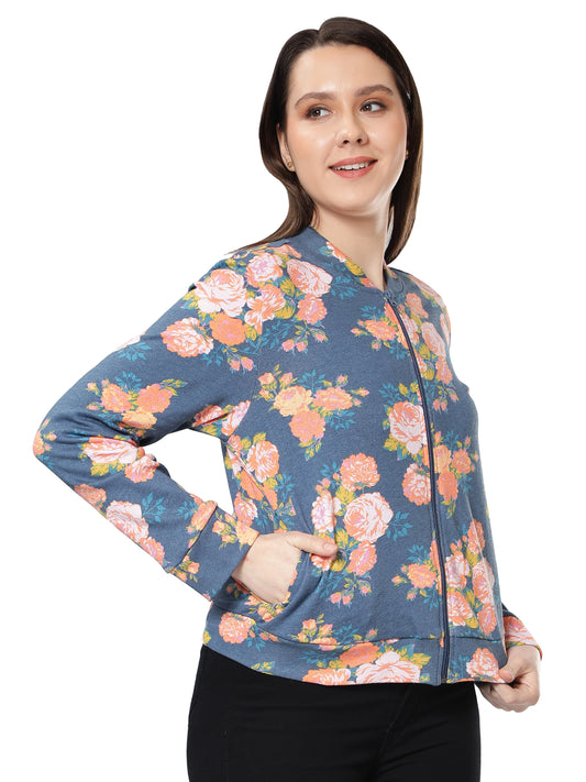 Women Floral Printed Blue Jacket