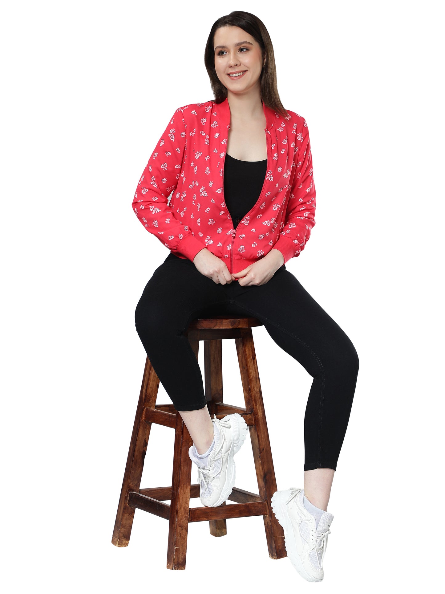 NUEVOSDAMAS Women Floral Printed Red Bomber Jacket