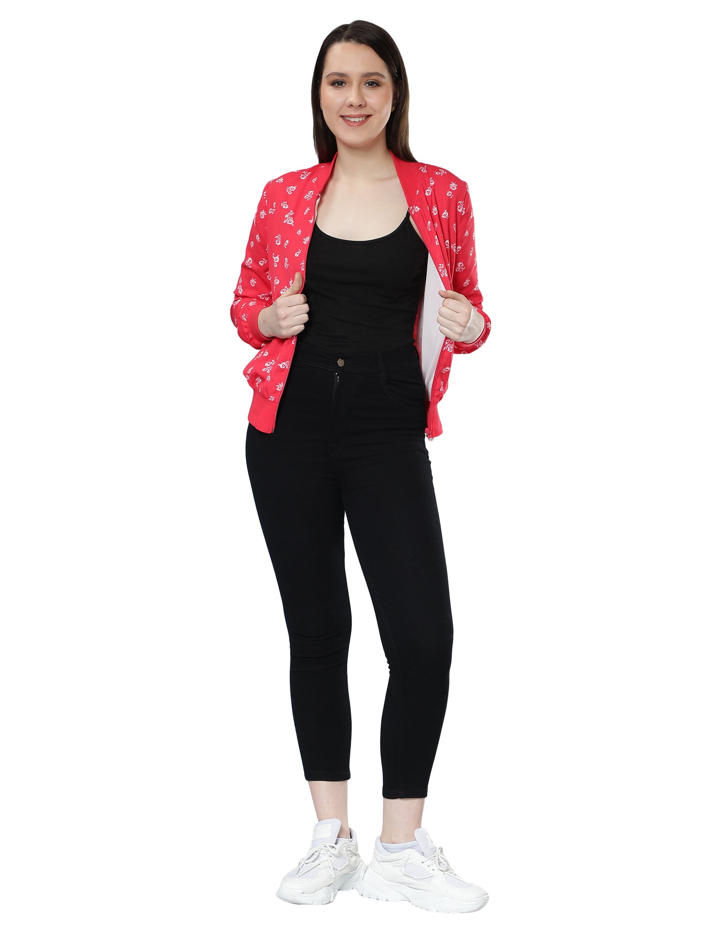 NUEVOSDAMAS Women Floral Printed Red Bomber Jacket