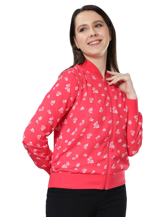 NUEVOSDAMAS Women Floral Printed Red Bomber Jacket