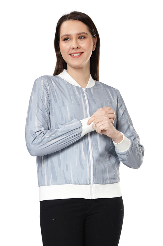 NUEVOSDAMAS Women Abstract Printed Grey Bomber Jacket