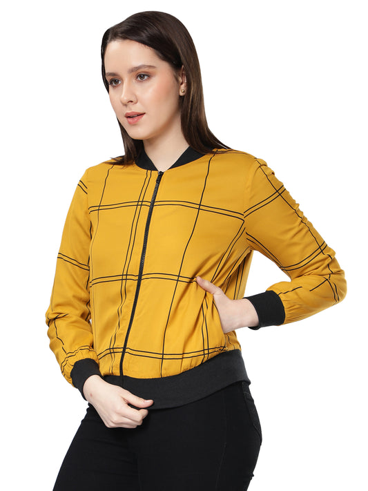 NUEVOSDAMAS Women Check Printed Mustard Bomber Jacket