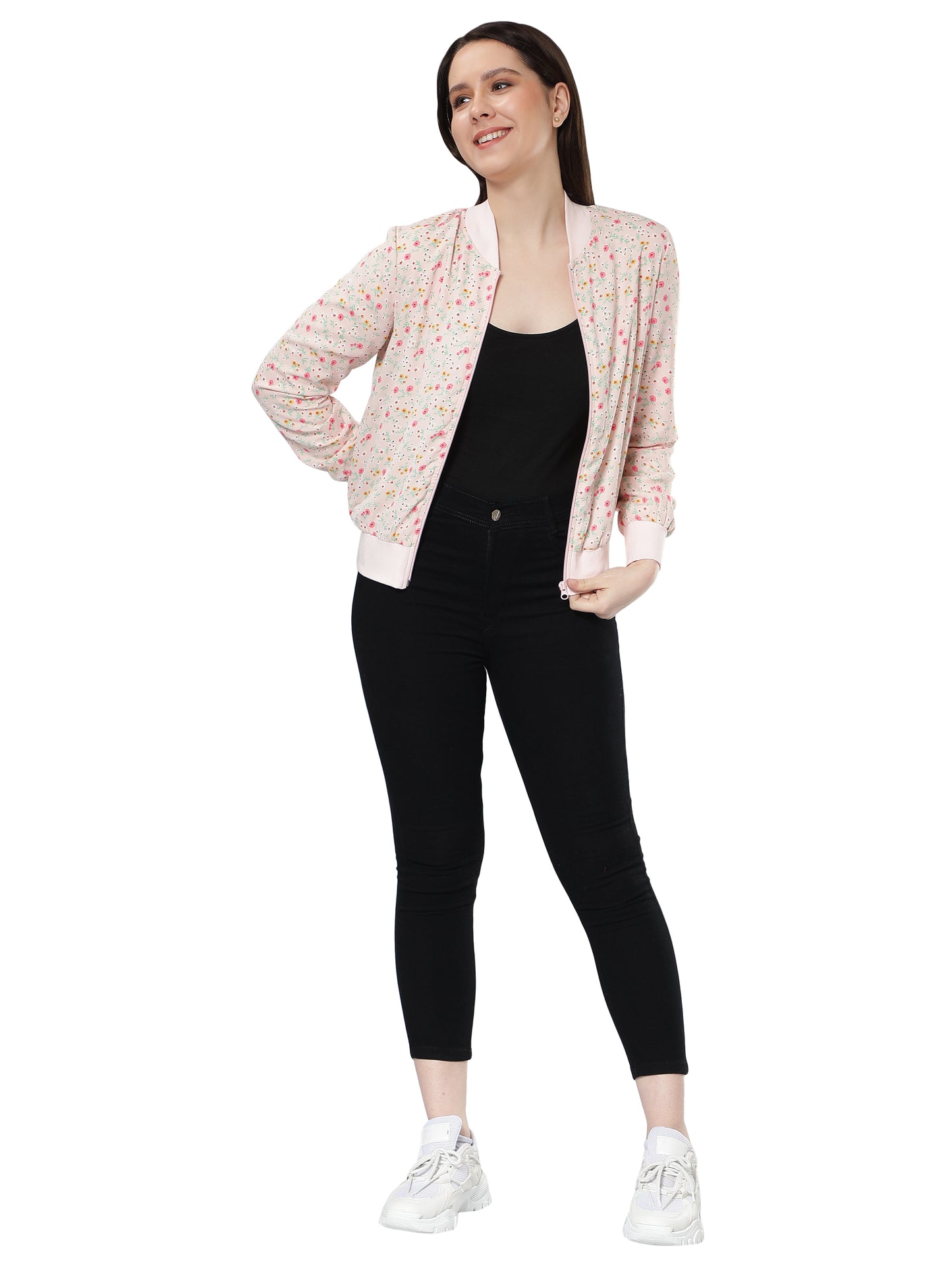 NUEVOSDAMAS Women Floral Printed Light Pink Bomber Jacket