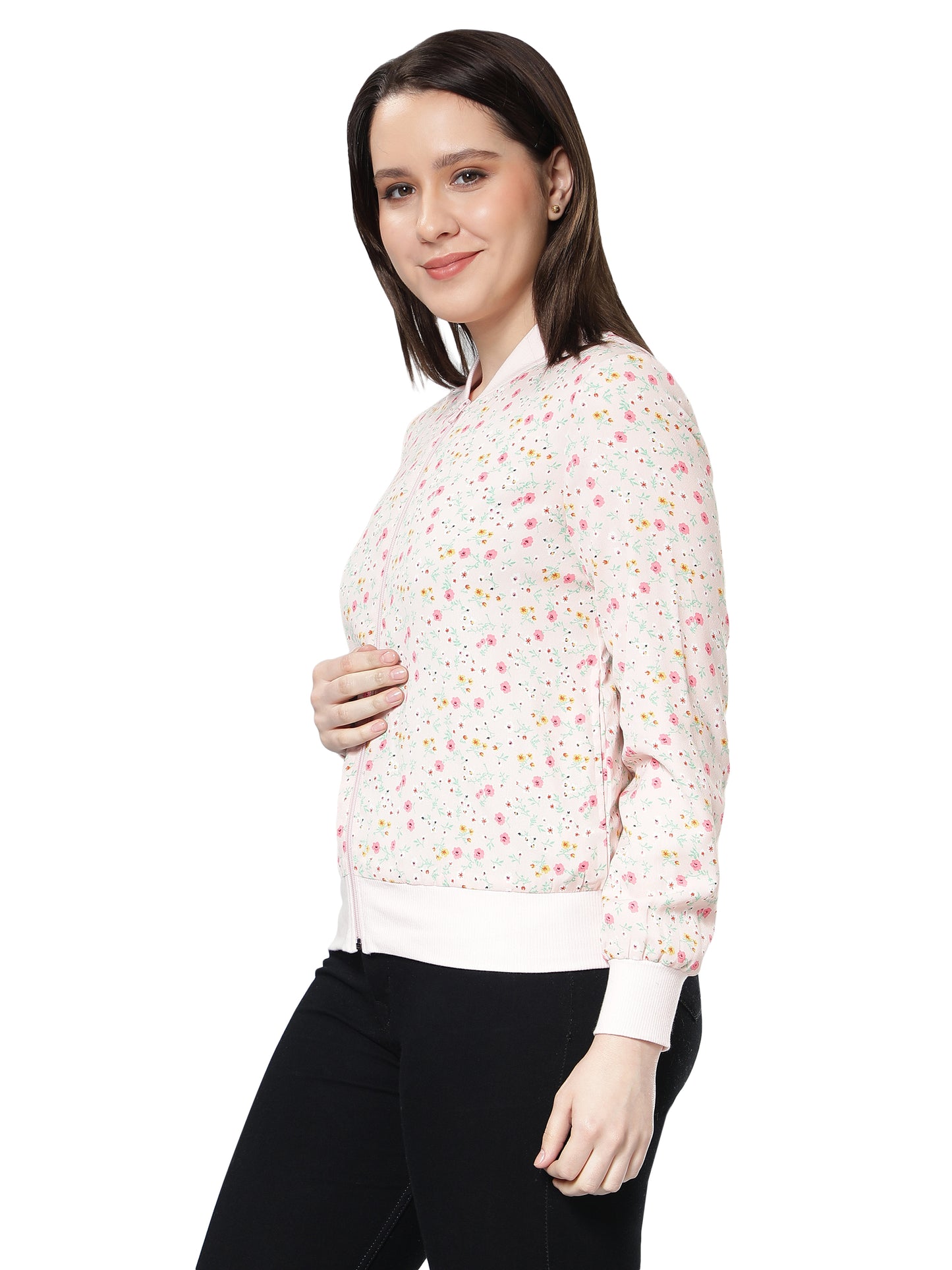 NUEVOSDAMAS Women Floral Printed Light Pink Bomber Jacket