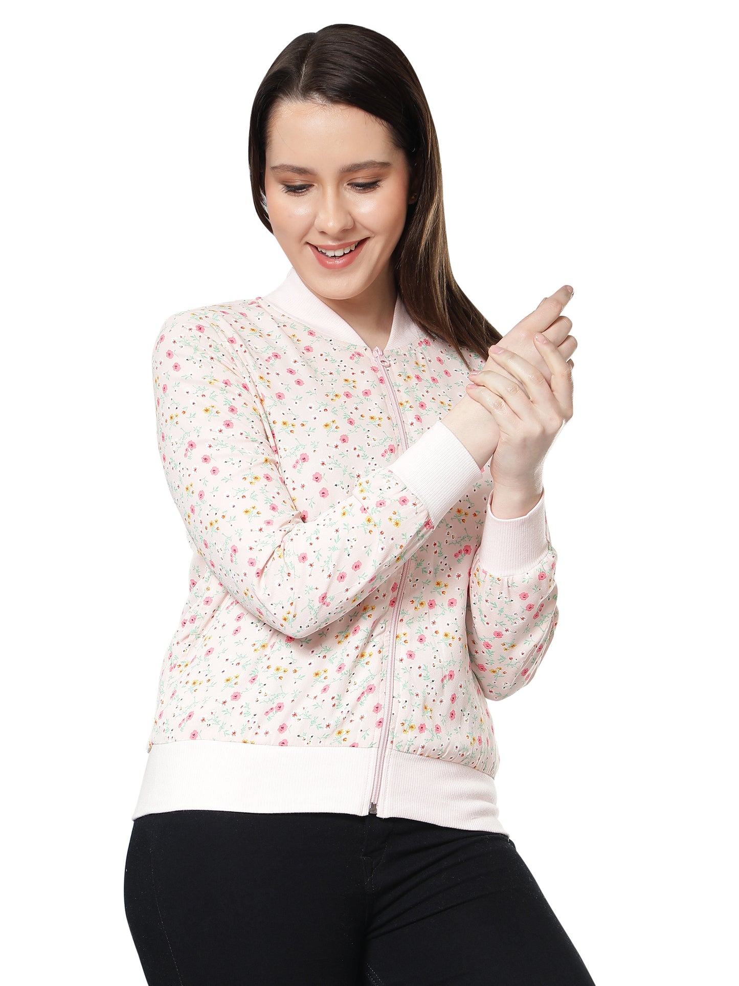 NUEVOSDAMAS Women Floral Printed Light Pink Bomber Jacket