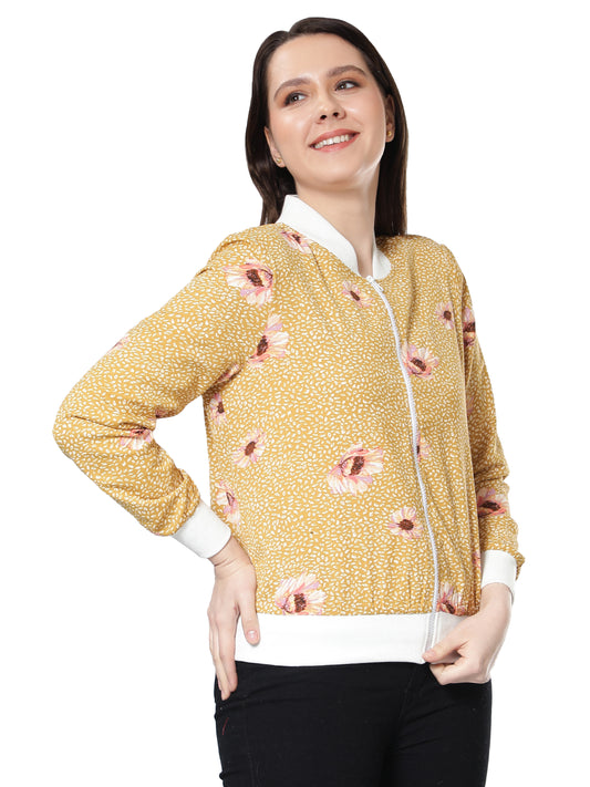 NUEVOSDAMAS Women Floral Printed Mustard Bomber Jacket