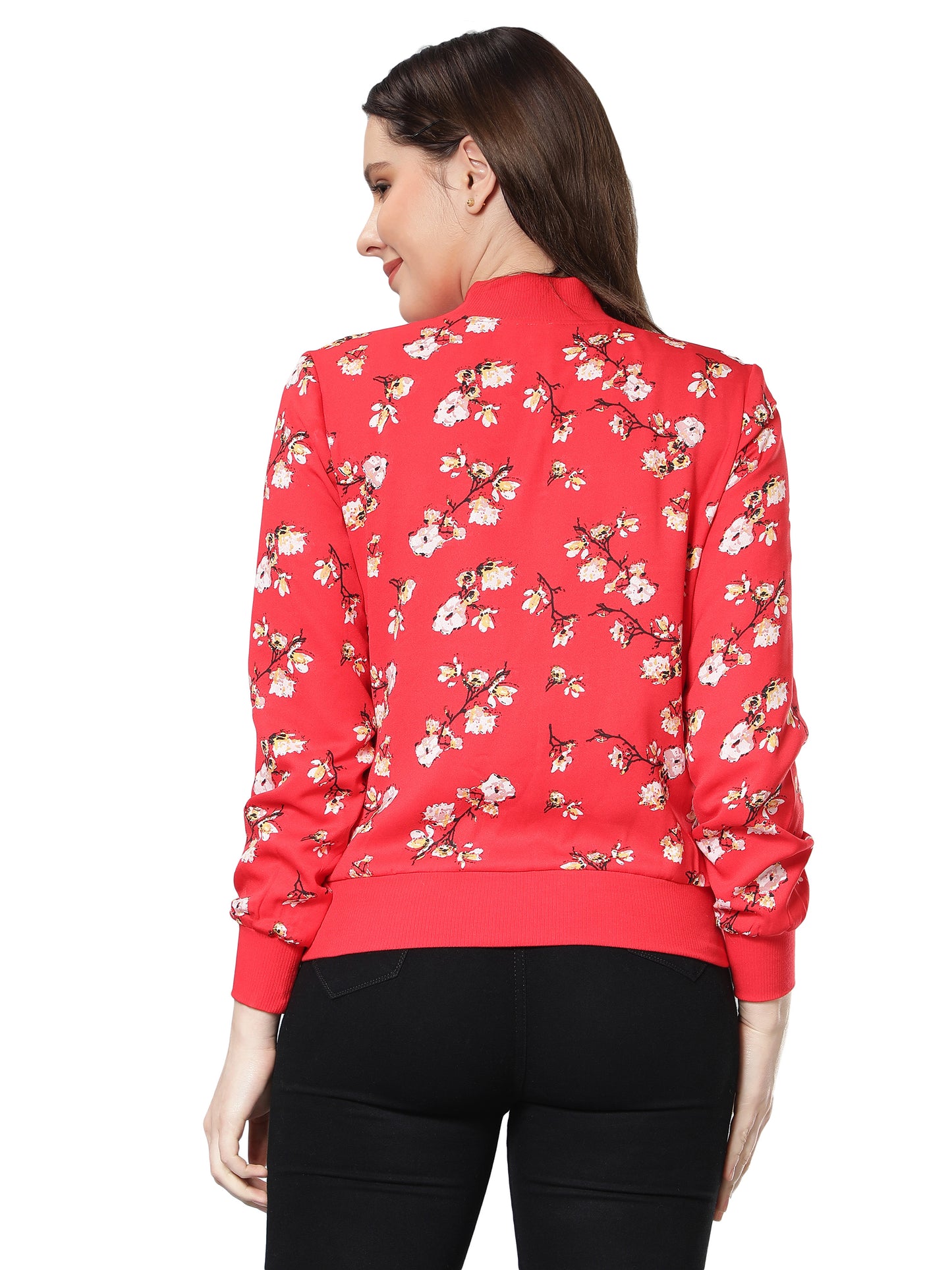 NUEVOSDAMAS Women Floral Printed Red Bomber Jacket