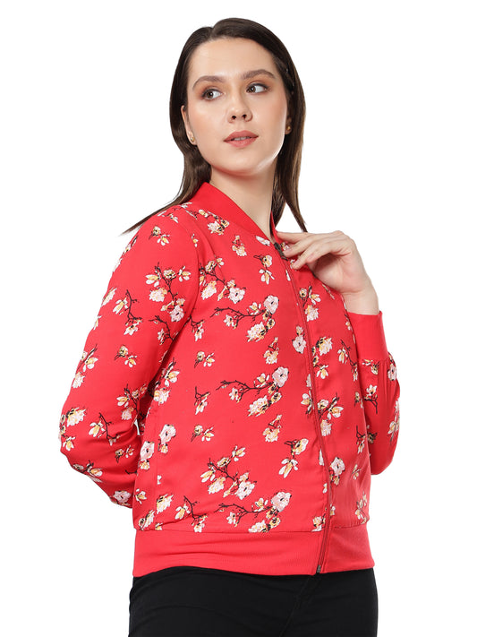 NUEVOSDAMAS Women Floral Printed Red Bomber Jacket