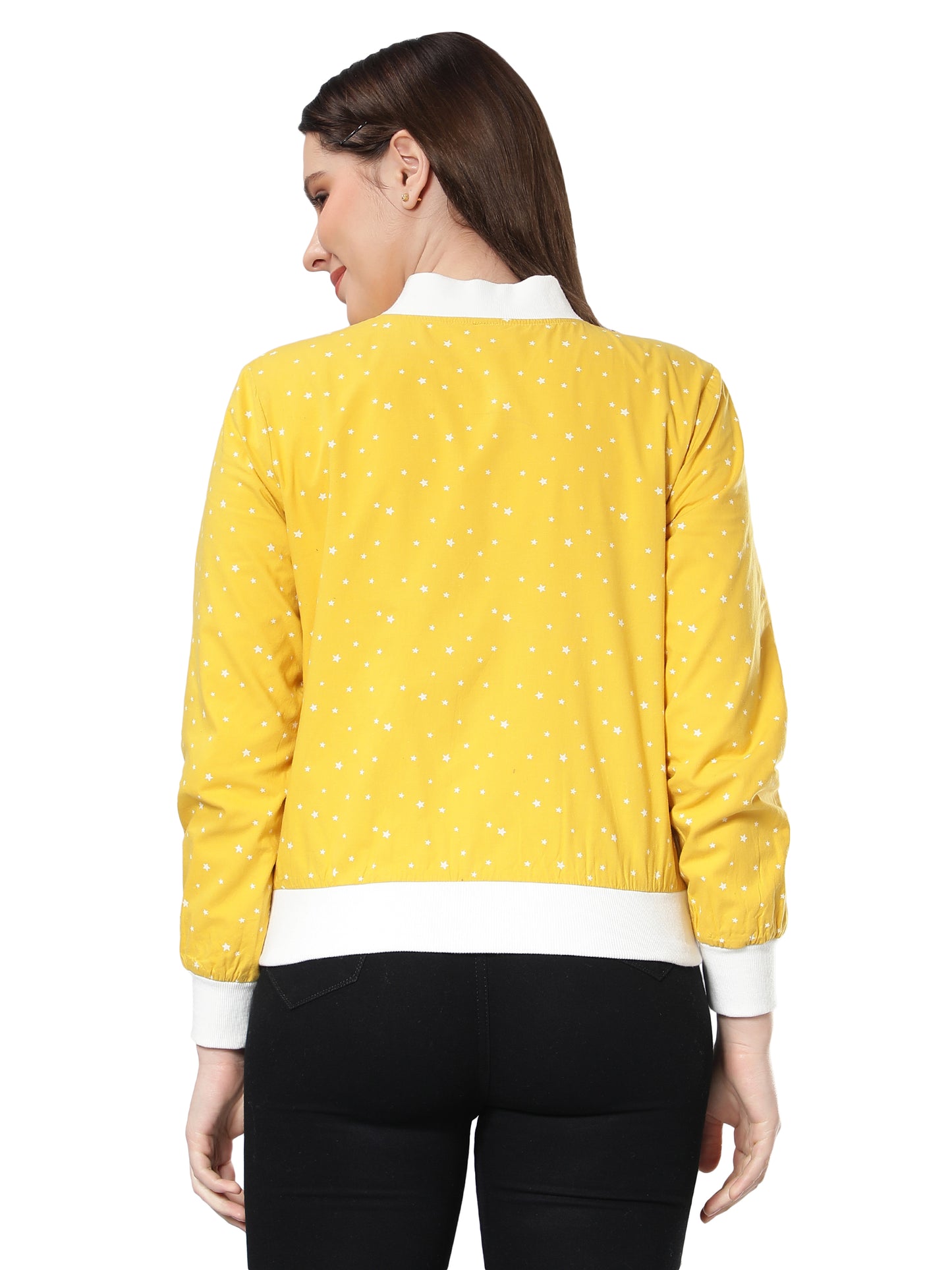 NUEVOSDAMAS Women Star Printed Cotton Yellow Bomber Jacket