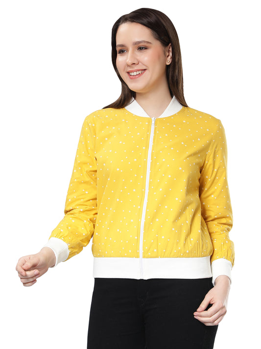 NUEVOSDAMAS Women Star Printed Cotton Yellow Bomber Jacket