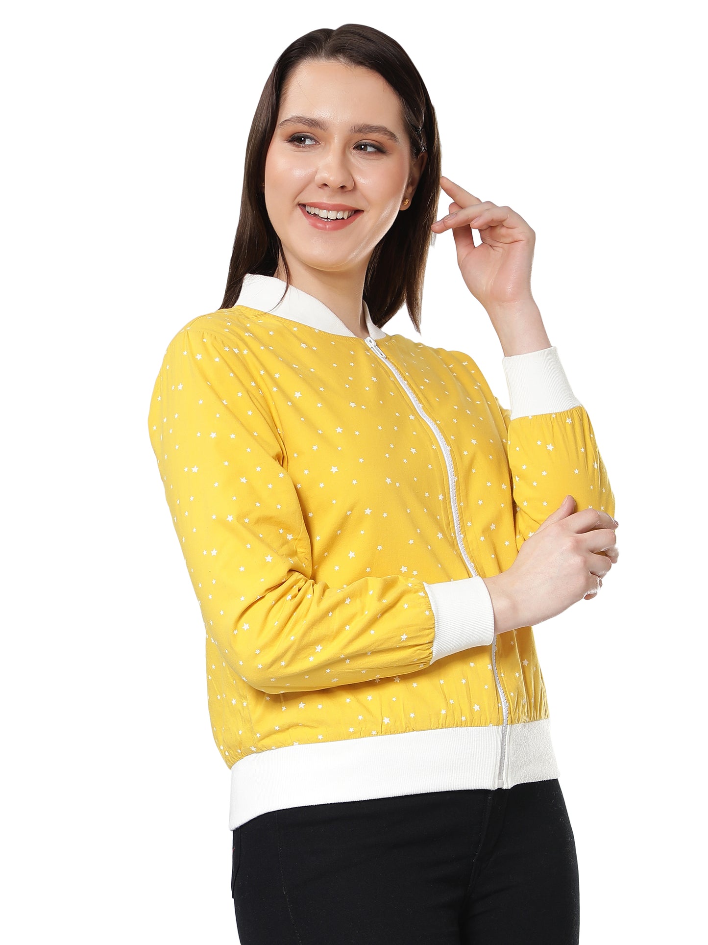 NUEVOSDAMAS Women Star Printed Cotton Yellow Bomber Jacket