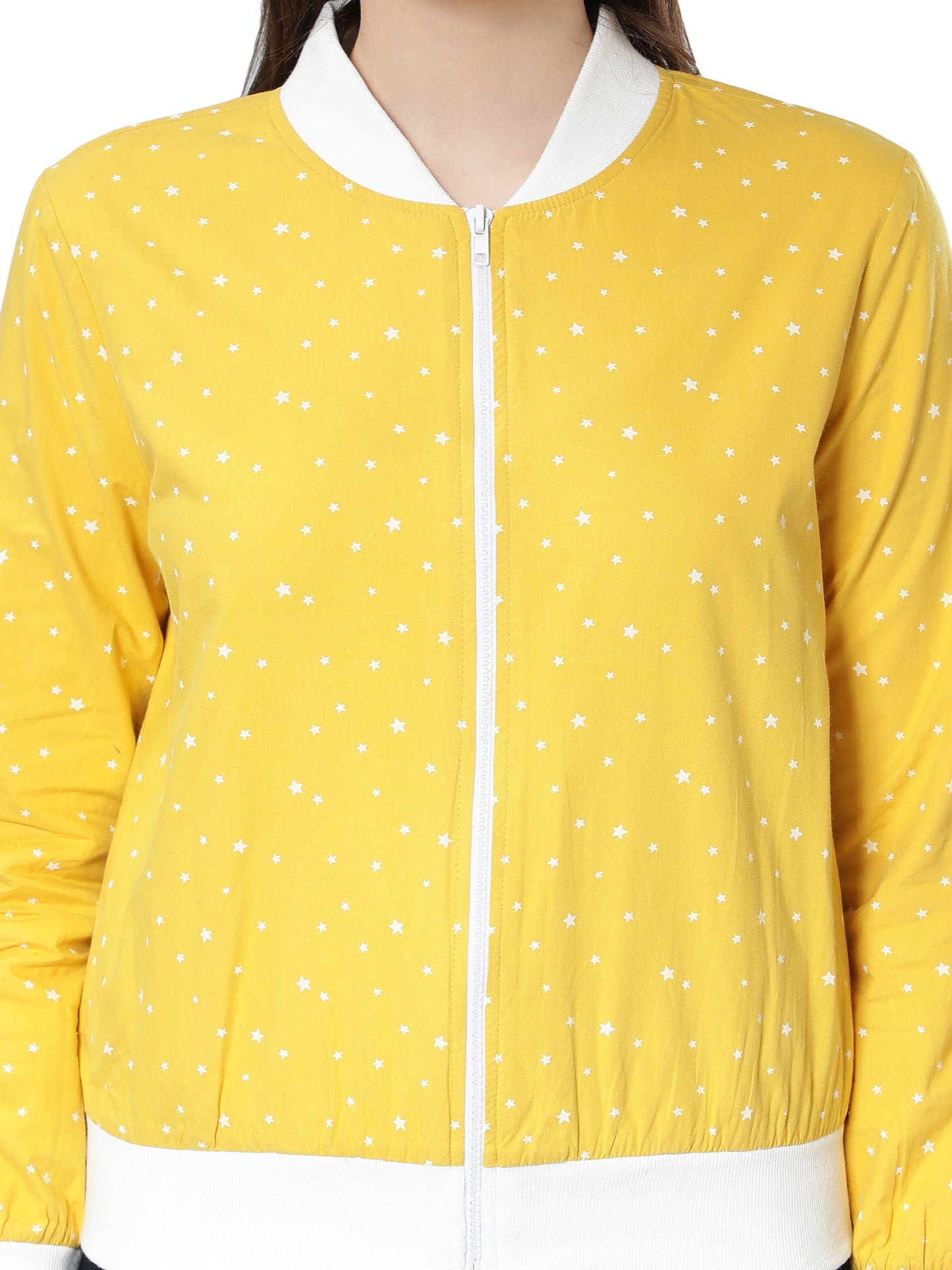 NUEVOSDAMAS Women Star Printed Cotton Yellow Bomber Jacket