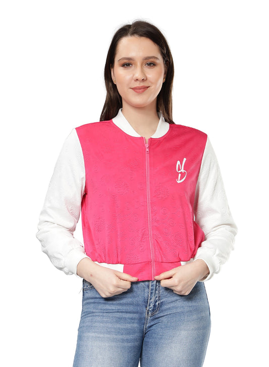 NUEVOSDAMAS Women Pink Floral Embossed Printed Varsity Jacket