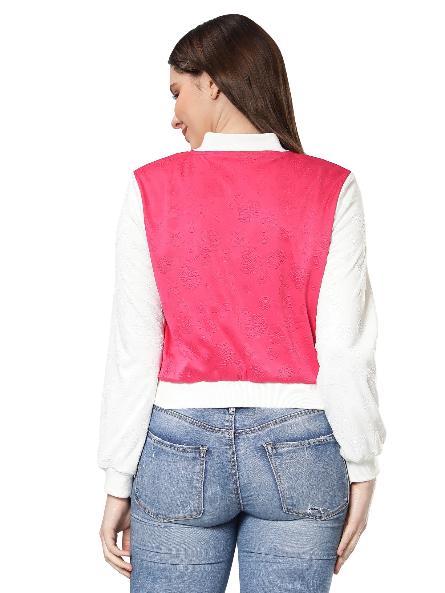 NUEVOSDAMAS Women Pink Floral Embossed Printed Varsity Jacket