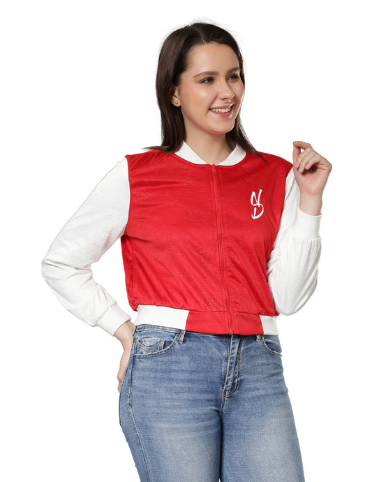 NUEVOSDAMAS Women Red Floral Embossed Printed Varsity Jacket